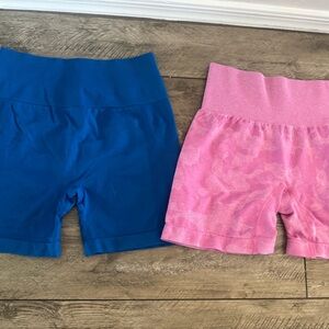 Blue and Pink High-Waisted Compression Shorts Set